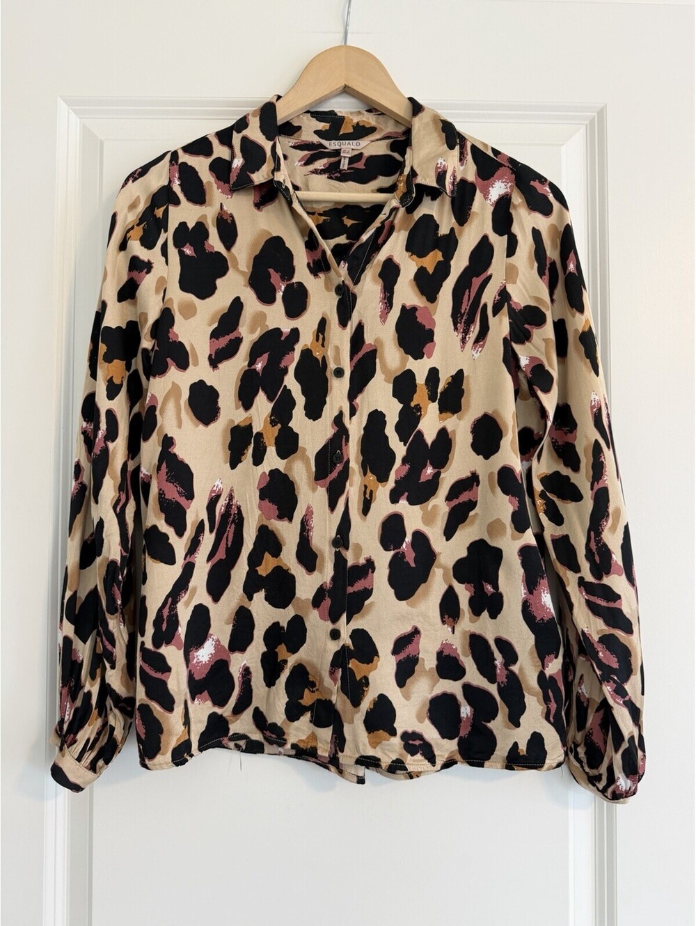 Esqualo Leopard Print Button-Up Blouse Long Sleeve Viscose Top Size 4 Wild Femme